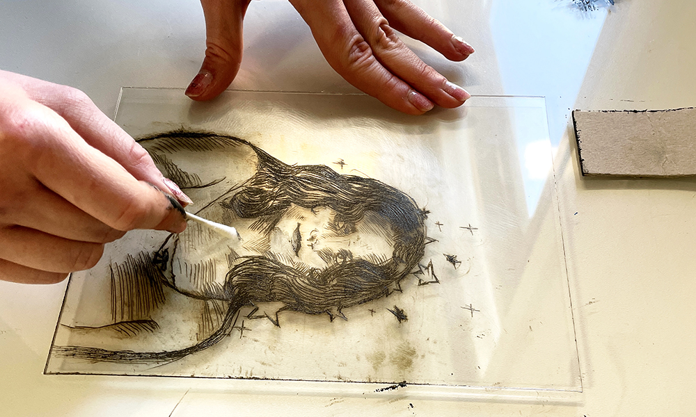 inkten van een droge naald ets